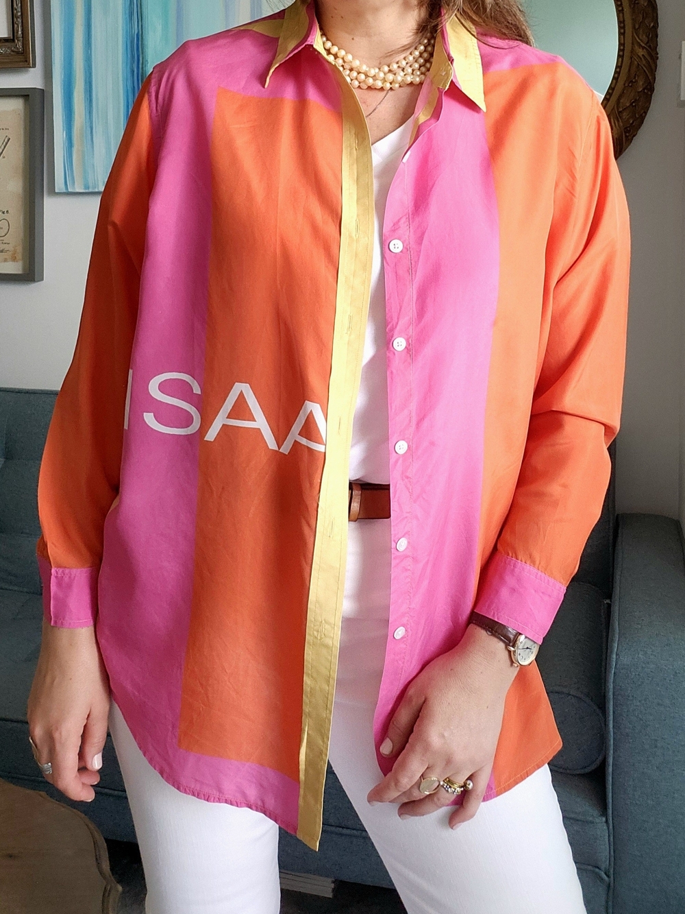 Isaac Mizrahi Pink & Orange Silk Blouse